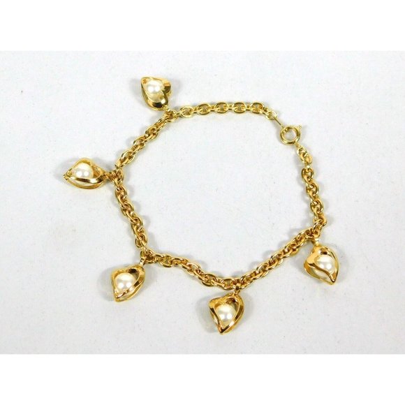 Vtg Faux Pearl Enclosed Hearts Gold Tone Bracelet 8 1/8" Long Spring Ring Clasp - Picture 3 of 9